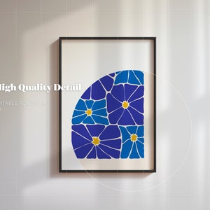May include: A framed print of a blue and yellow abstract floral design. The design is a half circle of stylized flowers with yellow centers.