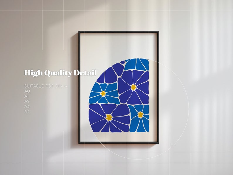 May include: A framed print of a blue and yellow abstract floral design. The design is a half circle of stylized flowers with yellow centers.