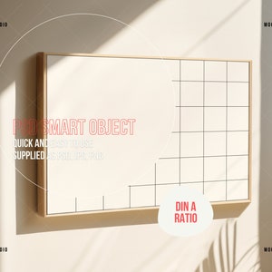 May include: A white framed poster mockup with a grid pattern on a light beige wall. The poster is in a DIN A ratio. The text "PSD SMART OBJECT QUICK AND EASY TO USE SUPPLIED AS PSD JPG PNG" is visible on the poster.