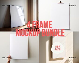 May include: A mockup bundle of four frames, each with a white background. The frames are in different sizes and orientations, and are displayed against a white wall. The text "4 FRAME MOCKUP BUNDLE" is displayed in red letters in the center of the image. One frame has the text "DIN A RATIO" in a white circle.
