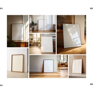 K&ouml;nnte beinhalten: Eine Collage aus acht Bildern, die verschiedene M&ouml;glichkeiten zeigen, gerahmte Kunstwerke in einem modernen Interieur zu pr&auml;sentieren. Die Rahmen sind alle rechteckig und haben eine nat&uuml;rliche Holzoptik. Die Kunstwerke sind wei&szlig; und leer, so dass sie individuell gestaltet werden k&ouml;nnen.