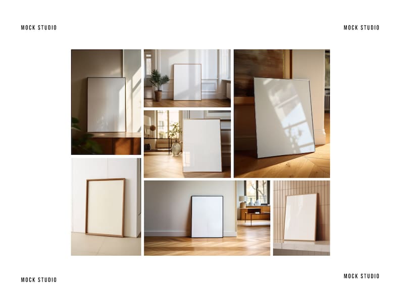 K&ouml;nnte beinhalten: Eine Collage aus acht Bildern, die verschiedene M&ouml;glichkeiten zeigen, gerahmte Kunstwerke in einem modernen Interieur zu pr&auml;sentieren. Die Rahmen sind alle rechteckig und haben eine nat&uuml;rliche Holzoptik. Die Kunstwerke sind wei&szlig; und leer, so dass sie individuell gestaltet werden k&ouml;nnen.