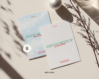 Double Invitation Mockup, 5x7 Holiday Greeting Card, Winter Wedding Invitation Mock-up, Christmas Card PSD Digital Download