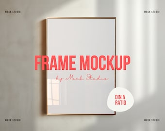 A2 A3 dun goud frame mockup DIN muur mockup, frame mockup DIN, verticaal frame mockup, digitaal frame voor photoshop, frame op beige muur