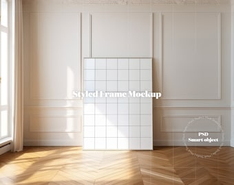 May include: A white frame mockup in a room with white walls and wood floors. The frame is on a white wall with white moldings. The frame is a smart object, so you can easily add your own design.