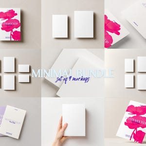 May include: A minimal bundle mockup set of 9 mockups. The image features various white cards and stationery items, some with a pink floral design and the text "INVITE MOCKUP". The layout includes multiple arrangements of cards.