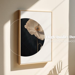 May include: A framed print of a white poppy flower with a dark blue background. The flower is partially visible through a circular opening in the frame. The text "High Quality Detail" and "Reflection & Shadow" is printed below the image.