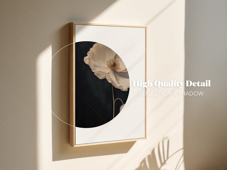 May include: A framed print of a white poppy flower with a dark blue background. The flower is partially visible through a circular opening in the frame. The text "High Quality Detail" and "Reflection & Shadow" is printed below the image.