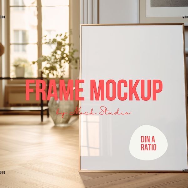 A2 A3 Thin Gold frame mockup DIN wall mockup, frame mockup DIN, vertical frame mockup, digital frame for photoshop, frame on wooden floor