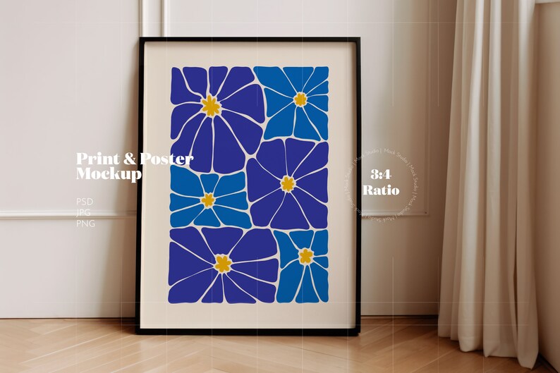 May include: A framed print with a geometric design of blue and yellow flowers. The print is in a black frame and is hanging on a white wall.