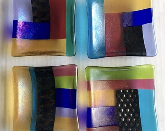 Mosaic Fused Glass Set of 4 Trinket Trays 3.5 in Decorative Colorful