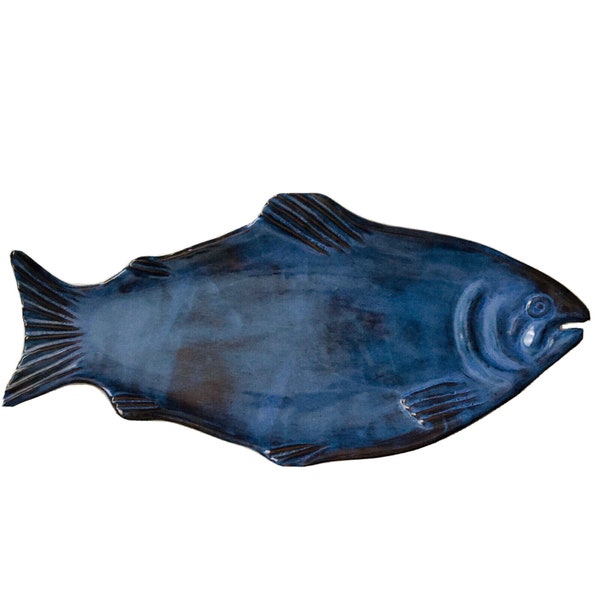 Vintage Large Thora Terra Cotta Cobalt Blue Salmon Fish Platter