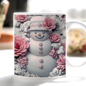 3D snowman sublimation mug design, mug packaging, 3D floral snowman mug, template for 11 oz and 15 oz mug.