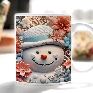 3D snowman sublimation mug design, mug packaging, 3D floral snowman mug, template for 11 oz and 15 oz mug.