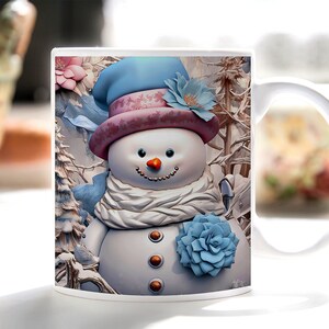 3D snowman sublimation mug design, mug packaging, 3D floral snowman mug, template for 11 oz and 15 oz mug.