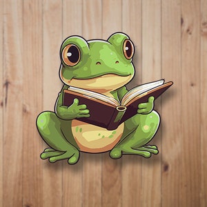 Cute Cartoon Frog Reading Sticker,  Frog Lover Gift,  Frog Sticker, Cartoon Sticker, Journal Decals, Water Bottle Decal, Planner Stickers