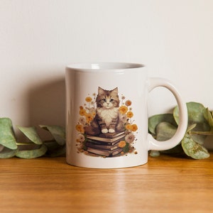 Brown Cat and Books Coffee Mug, Cat Mom Dad Mug, Forestcore Mug, Gift for Cat Lover, Ceramic Cottagecore Cat Parent Mug, Cat reading a book