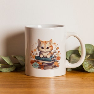 Ginger Cat and Books Coffee Mug, Cat Mom Dad Mug, Forestcore Mug, Gift for Cat Lover, Ceramic Cottagecore Cat Parent Mug, Cat reading a book