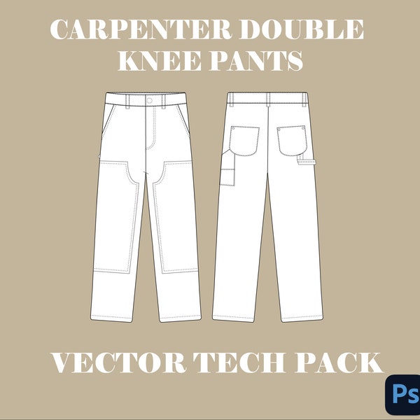 Carpenter Pants Fashion flat sketch Flat Templates Double Knee Pants Tech Pack Drawing Streetwear Flat Clothing Mock Up Vector For Designer