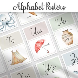 May include: Alphabet posters featuring watercolor illustrations of objects representing each letter. The posters include an octopus, pencil, umbrella, vase, tent, and zipper. The word "Alphabet Posters" is written in cursive at the top.