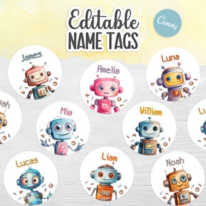 Puede incluir: Conjunto de 12 etiquetas de nombre redondas, blancas e imprimibles con robots de dibujos animados coloridos con diferentes acentos de color. Las etiquetas de nombre son perfectas para un aula, una fiesta o un evento.