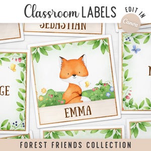 May include: A set of rectangular classroom labels featuring a watercolour forest theme with green leaves, small flowers, and butterflies. The labels display names like Emma, Oliver, and Sebastian, or subjects like Math and Language in brown text.