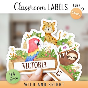 May include: A set of classroom labels featuring watercolor jungle animal illustrations including a leopard, a parrot, and a sloth. The labels have a log-shaped design with space for names, surrounded by green foliage and flowers. Text includes Classroom Labels, 24 Designs, Wild and Bright, and the name Victoria.