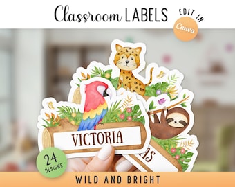 May include: A set of classroom labels featuring watercolor jungle animal illustrations including a leopard, a parrot, and a sloth. The labels have a log-shaped design with space for names, surrounded by green foliage and flowers. Text includes Classroom Labels, 24 Designs, Wild and Bright, and the name Victoria.