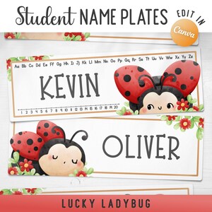 Peut inclure: Étiquettes de nom d'étudiant rectangulaires avec un thème de coccinelle, des coccinelles rouges à pois noirs, des feuilles vertes et des fleurs rouges. Les étiquettes incluent l'alphabet de Aa à Zz, une ligne numérique de 1 à 20 et les noms Kevin et Oliver.