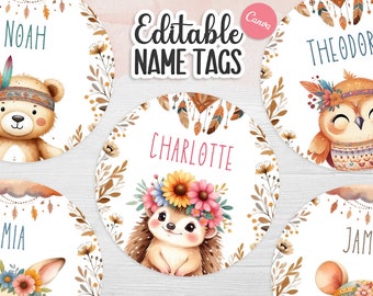 Editable Classroom Name Tags | Boho Woodland Animals