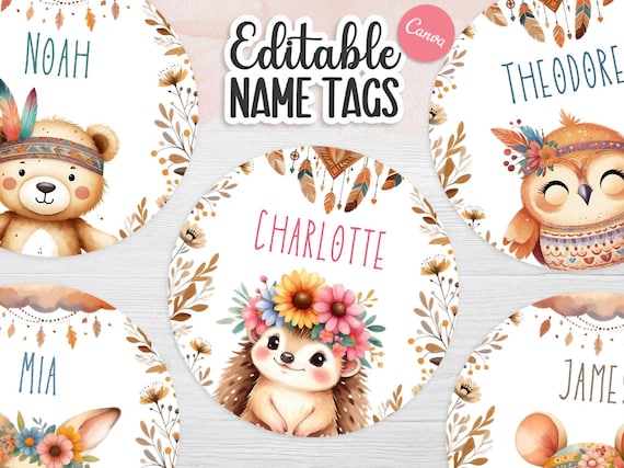 Editable Classroom Name Tags | Boho Woodland Animals