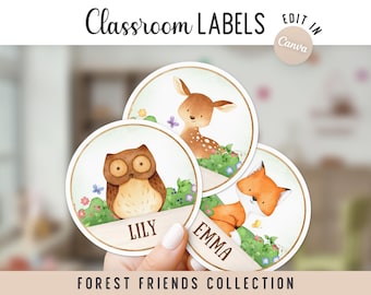 Forest Friends Round Classroom Labels | Editable Name Tags