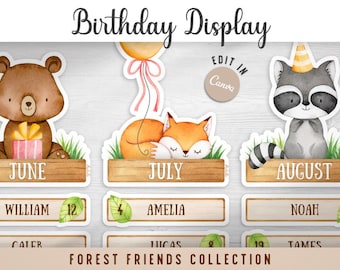 Exibição de aniversário editável com animais da floresta para sala de aula | Modelo Canva para salas de aula
