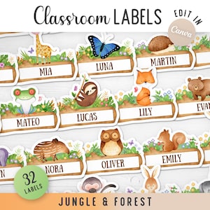 Op de afbeelding: Een verzameling van 32 klaslokaallabels met aquarelillustraties van jungle- en bosdieren, waaronder een flamingo, giraf, vlinder, egel, uil, kikker, luiaard, vos, beer, nijlpaard, eekhoorn, hert, aap, konijn en wolf met naamplaatjes.