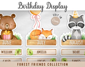 Editable Woodland Animal Classroom Birthday Display | Canva Template for Classrooms