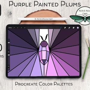 May include: A digital illustration of a purple and pink geometric butterfly with 20 colors on a tablet screen. The text "PURPLE PAINTED PLUMS" and "PROCREATE COLOR PALETTES" are visible on the screen. The image is labeled "20 COLORS" and "By MOTH & MOON CRAFT".