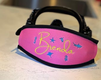 SCUBA accessories | Personalized name SCUBA mask strap, Makes a great scuba diver present. Your name embroidered with shark turtle manta