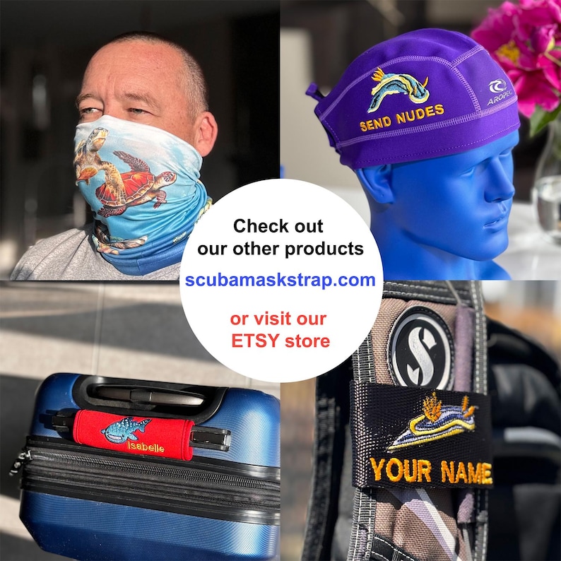 May include: A collection of scuba diving accessories. Includes a blue and white face covering with sea turtles, a purple cap with "SEND NUDES" text, a red luggage strap with a whale design, and a personalized patch.