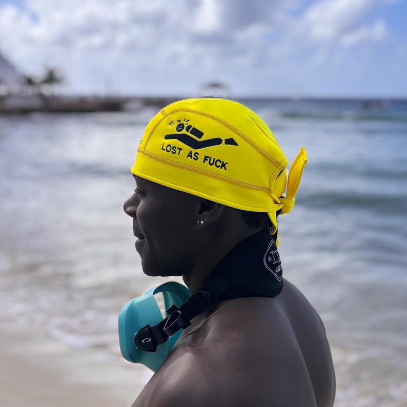 Yellow beanie featuring a scuba diver