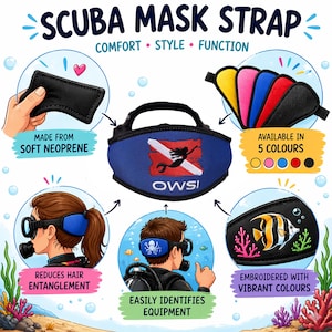 May include: A scuba mask strap with the text "SCUBA MASK STRAP". The strap is available in five colors and made from soft neoprene. The design includes a diver logo and is embroidered with vibrant colors. The strap reduces hair entanglement and easily identifies equipment.