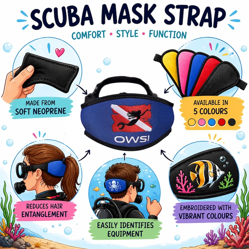 May include: A scuba mask strap with the text "SCUBA MASK STRAP". The strap is available in five colors and made from soft neoprene. The design includes a diver logo and is embroidered with vibrant colors. The strap reduces hair entanglement and easily identifies equipment.