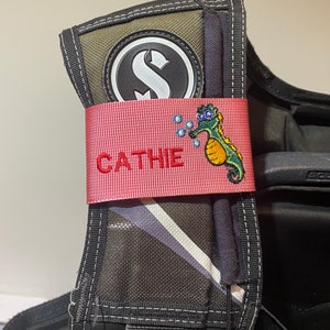 Personalised Seahorse BCD name strap | Custom made with your name or text | Great SCUBA gift | Embroidered BCD name tag | Diver present