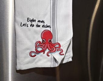 Personalized Octopus Kitchen Towel – Embroidered Animal Biting Towel Corner – Coastal Kitchen and Diver Gift