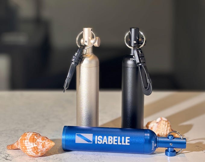 SCUBA noise shaker engraved with your personalised name and custom design. Also know as a SCUBA rattle, great scuba gift for any scuba diver