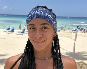 Neck gaiter head wrap featuring a whale shark print for scuba diving, yoga, hiking, running activities