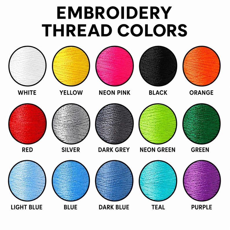 May include: Image showing a color chart of embroidery thread. The chart displays 15 different thread colors, including white, yellow, neon pink, black, orange, red, silver, dark grey, neon green, green, light blue, blue, dark blue, teal, and purple.