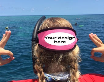 Customized, personalized SCUBA mask strap. We embroider your design and name onto the scuba mask strap.