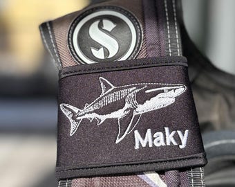 Personalized Buoyancy Control Device Name Tag with a great white shark - Custom Diving Gear Identification -  BCD strap
