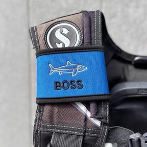 Personalised Simple Shark BCD name strap | Custom made with your name or text | Great SCUBA gift | Embroidered BCD name tag | Diver present