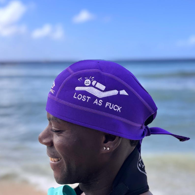 Purple beanie featuring a scuba diver